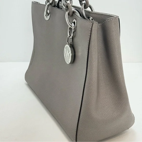 Michael Kors Cynthia Satchel Gray Saffiano Leather Chain Tote MK Charm - Picture 11 of 12
